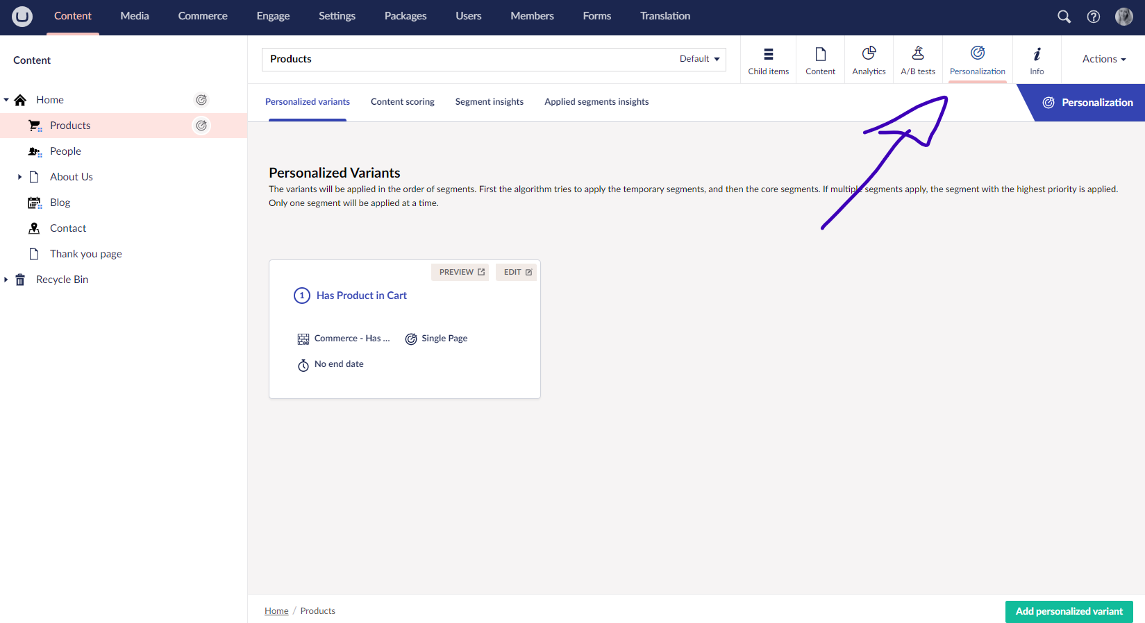 Open personalization on content node.
